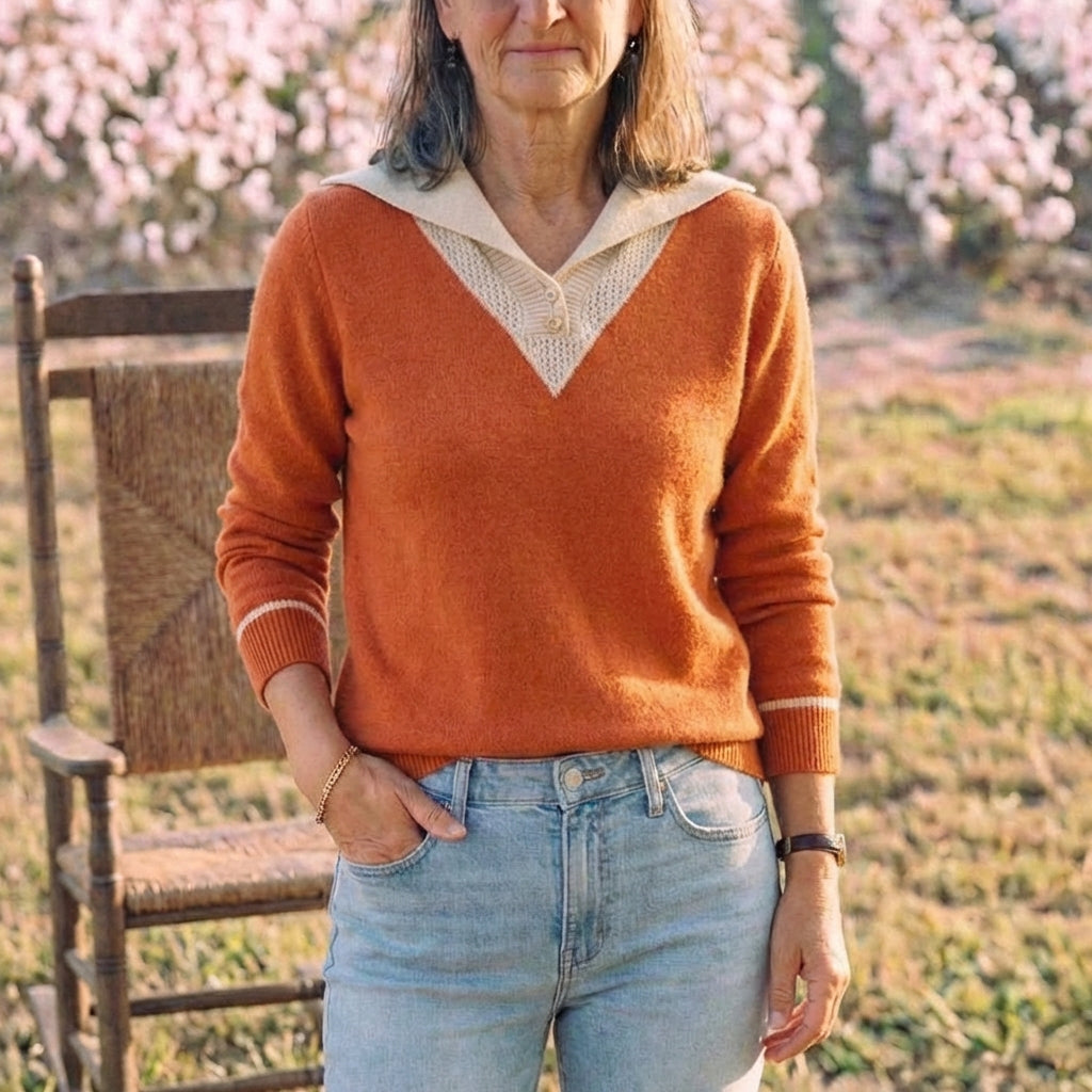 Cotton V-Neck Sweater with Contrast Collar