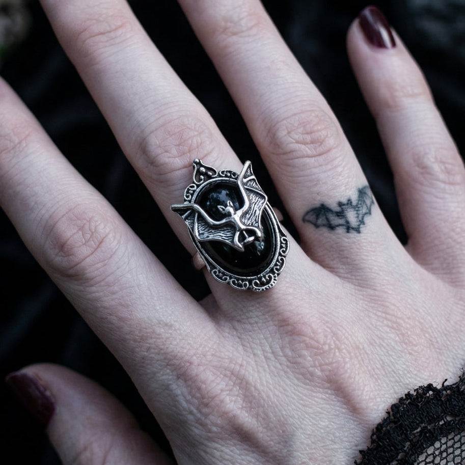 Victorian Bat Onyx Ring Gothic Jewelry