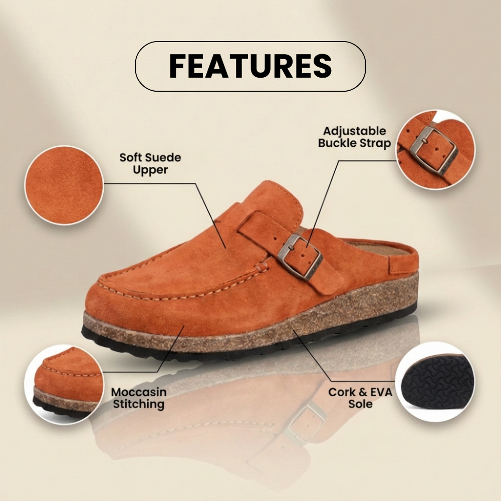 Orthopedic Suede Buckle Mules - Contrast Stitch Detail