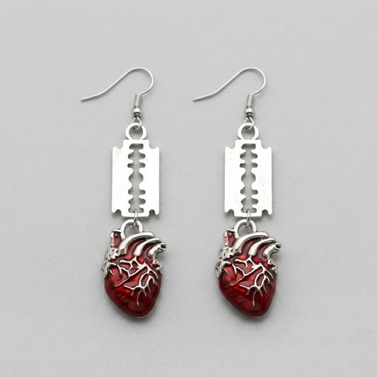 Red Heart & Bat Drop Earrings