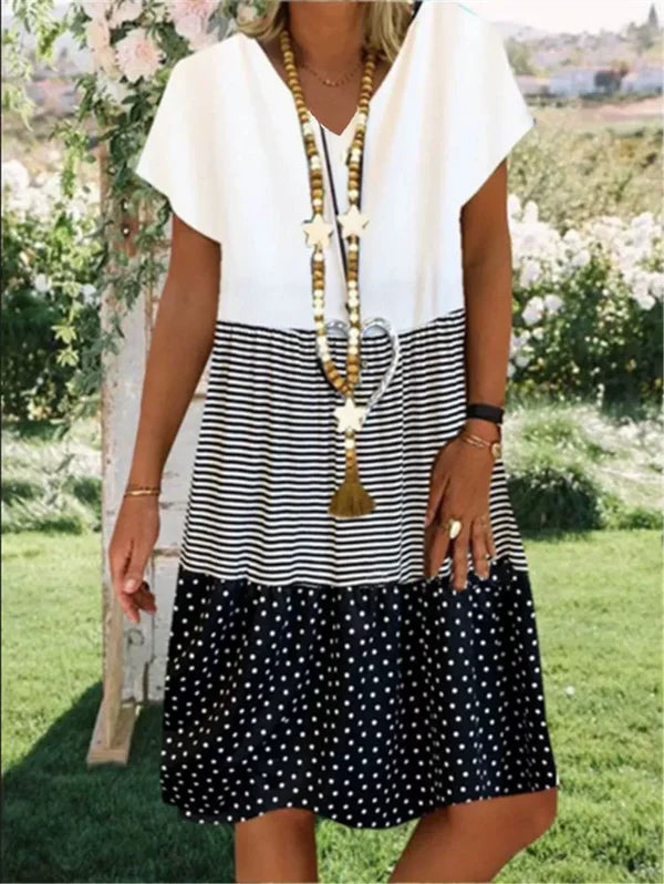 Colorblock Stripe Polka Dot Tiered Dress