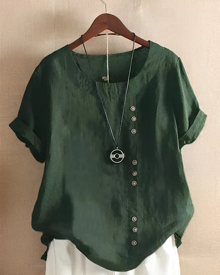 Linen Button Detail Short Sleeve Top