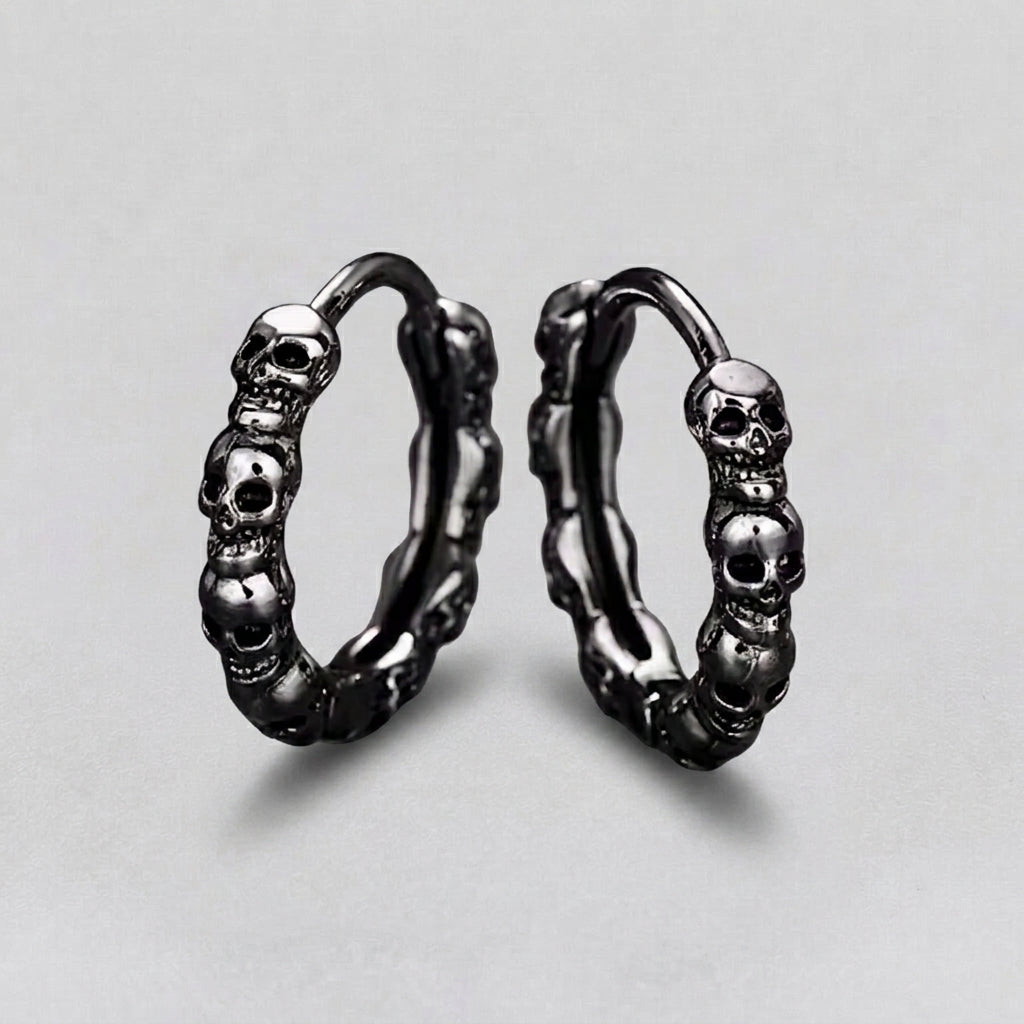 Dark Silver Skull Hoop Earrings