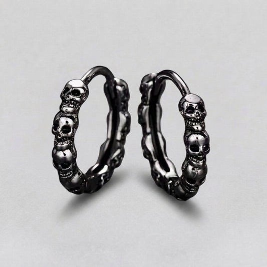 Dark Silver Skull Hoop Earrings