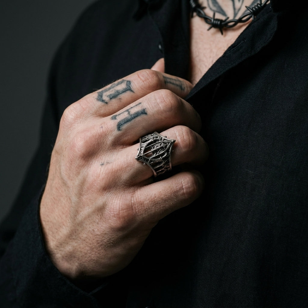 Gothic Arched Filigree Oxidised Silver Statement Ring