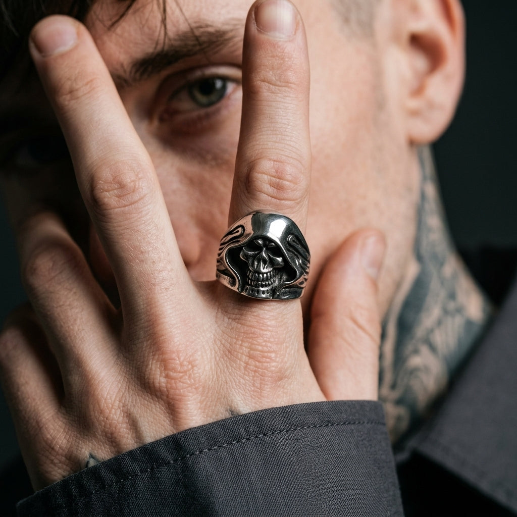 Hooded Skull Grim Reaper Statement Ring