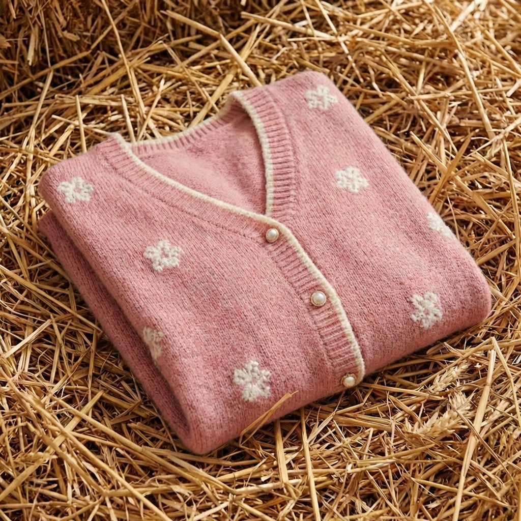 Cotton V-Neck Cardigan with Embroidered Accents