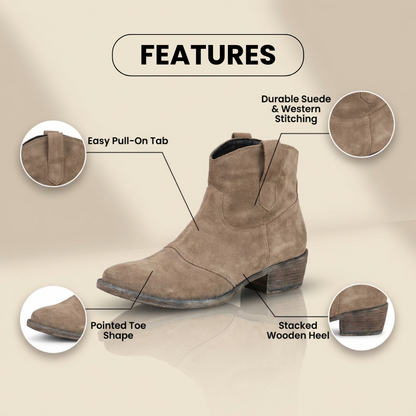 Orthopedic Suede Western Ankle Boots - Low Block Heel Pull-On