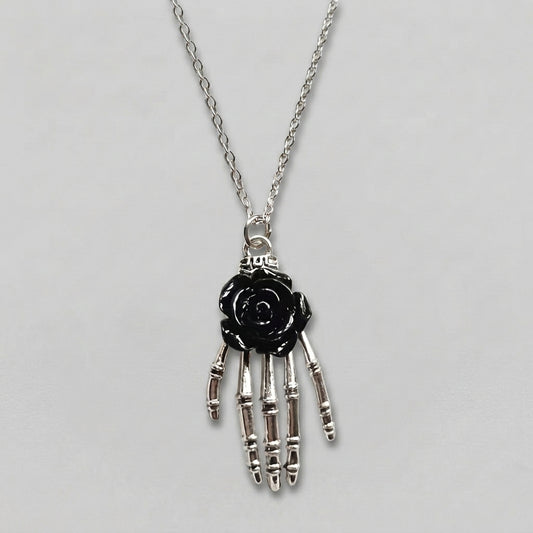 Black Rose Skull Hand Necklace