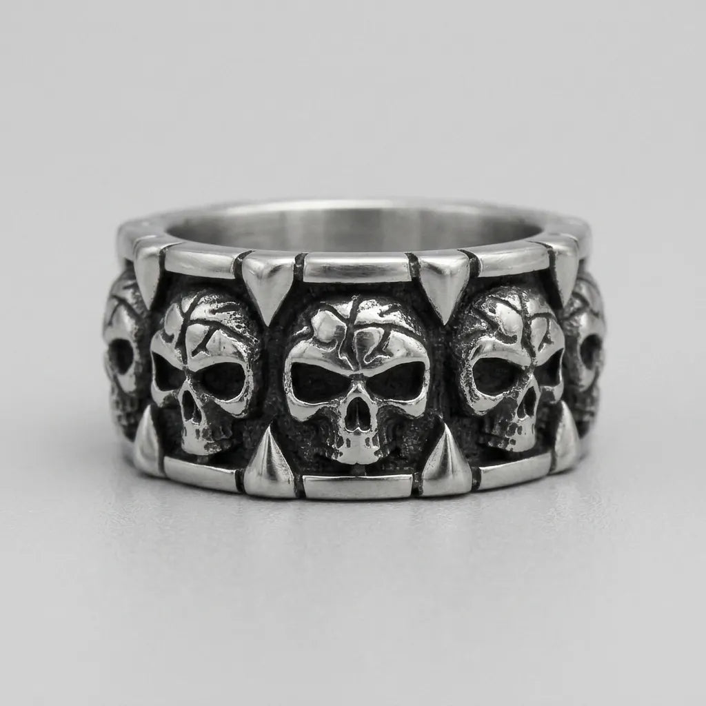 Spiked Skull Panel Statement Band Ring
