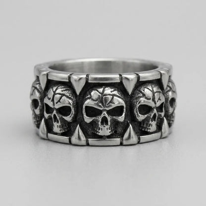 Spiked Skull Panel Statement Band Ring