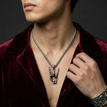 Skeleton Hand Rock Sign Necklace with Dragon Eye Pendant