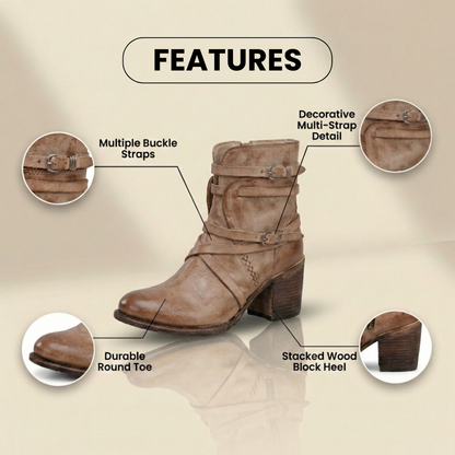 Orthopedic Leather Multi-Strap Ankle Boots - Side Zip Buckle