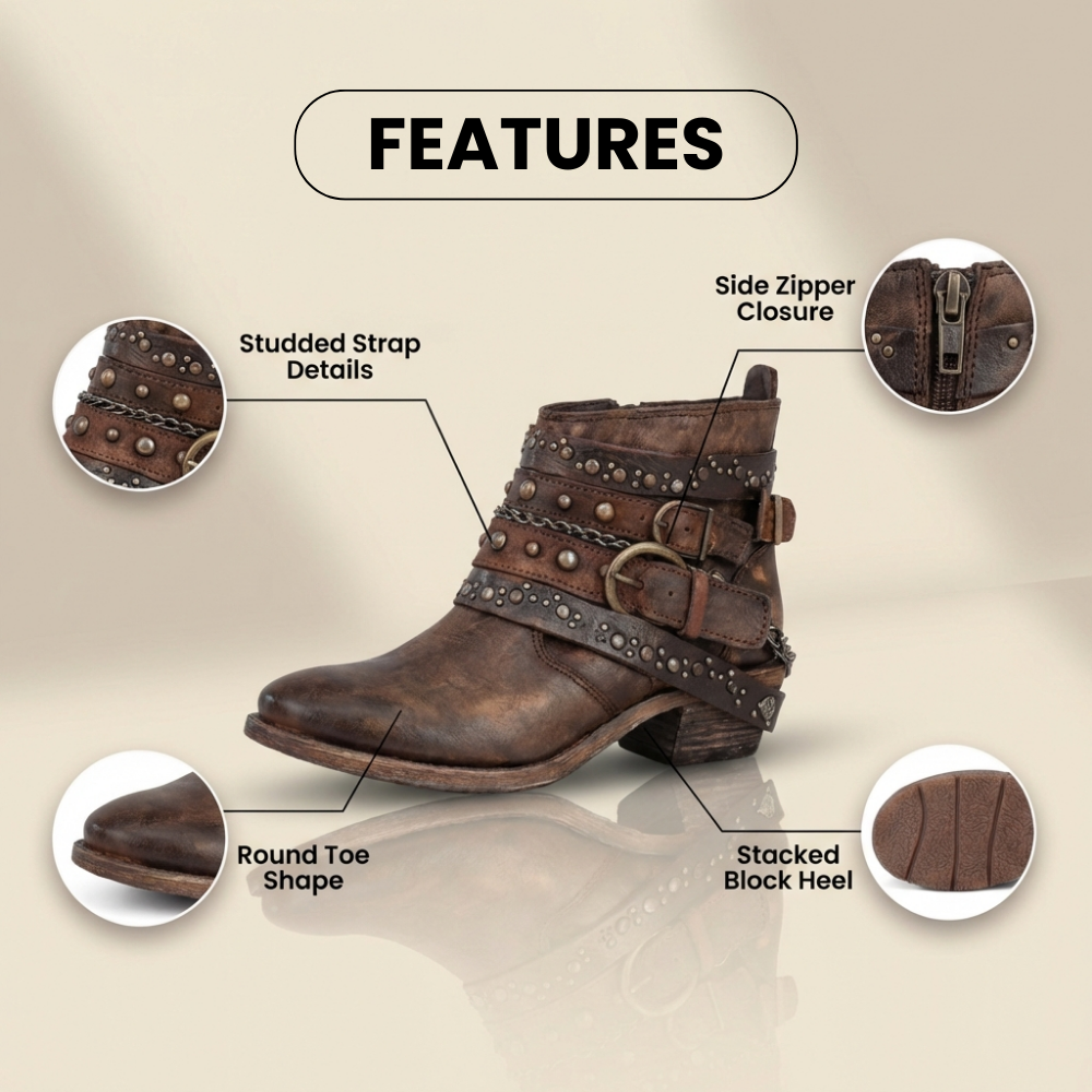 Orthopedic Leather Studded Ankle Boots - Chain & Rivet Detail