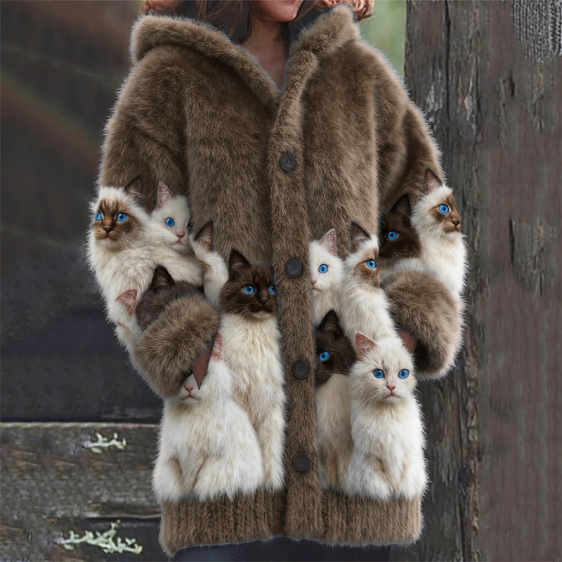 Comstylish Classy Fuzzy Cats Art Cozy Knit Hooded Cardigan
