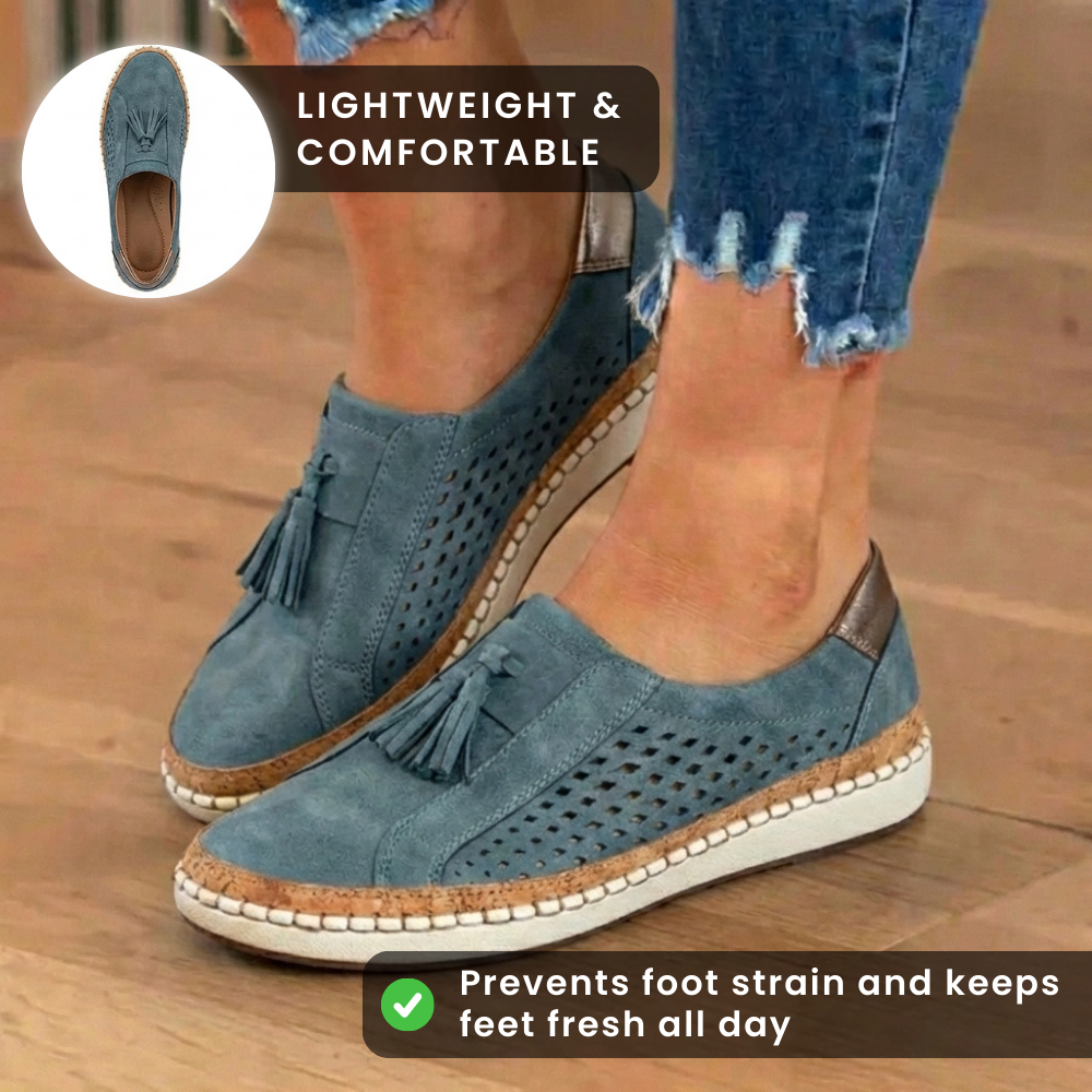 Orthopedic Leather Slip-On Sneakers - Tassel & Perforated Detail