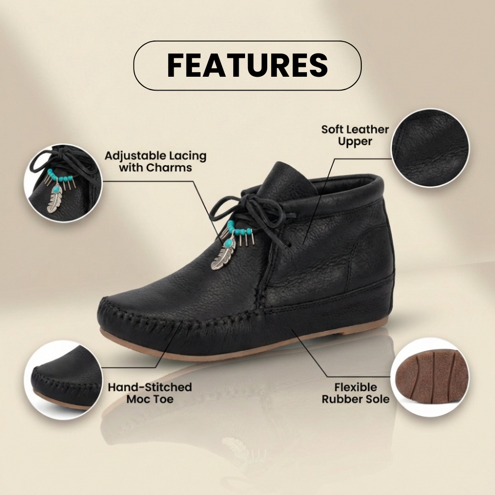 Orthopedic Leather Moccasin Boots - Feather Charm Lace-Up