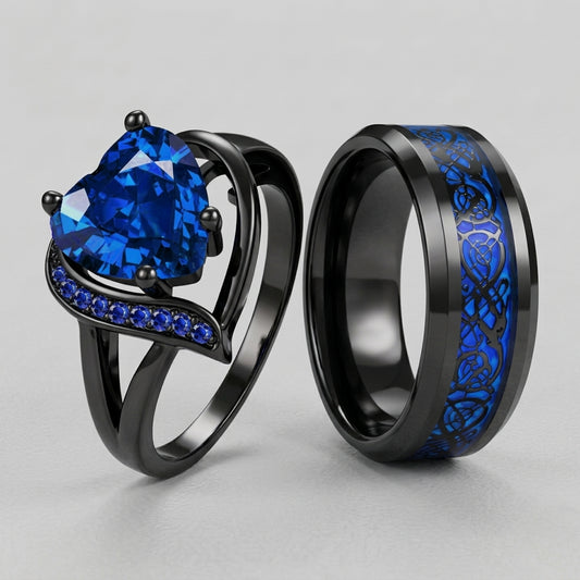 Blue Rhinestone & Dragon Ring Set