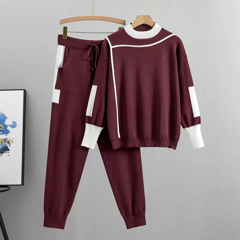 LaraÂ® | Chic knitted patchwork sweater and pants set for women
