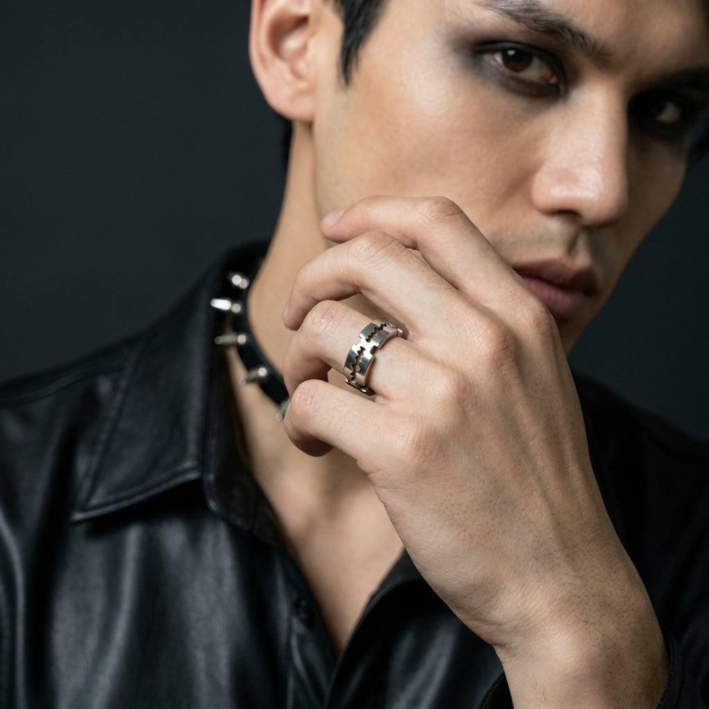 Serrated Blade Cut-Out Silver Band Ring