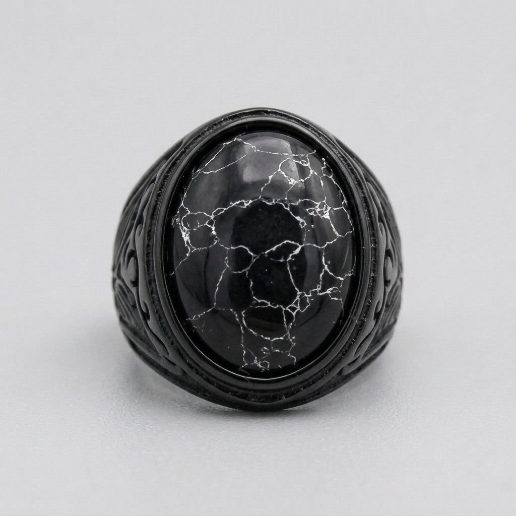 Black Marble Oval Cabochon Signet Ring