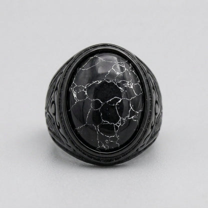 Black Marble Oval Cabochon Signet Ring