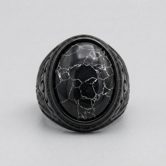 Black Marble Oval Cabochon Signet Ring