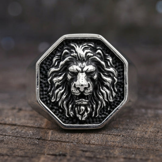 Lion Head Octagonal Signet Ring