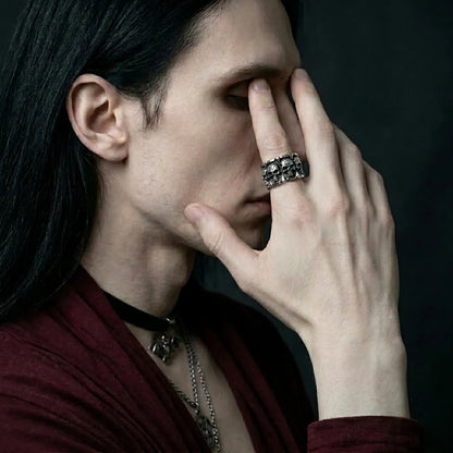 Spiked Skull Panel Statement Band Ring