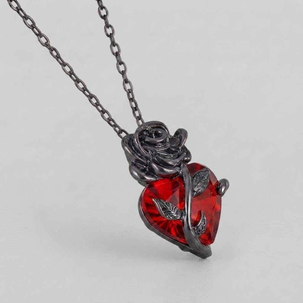 Black Rose Red Heart Necklace