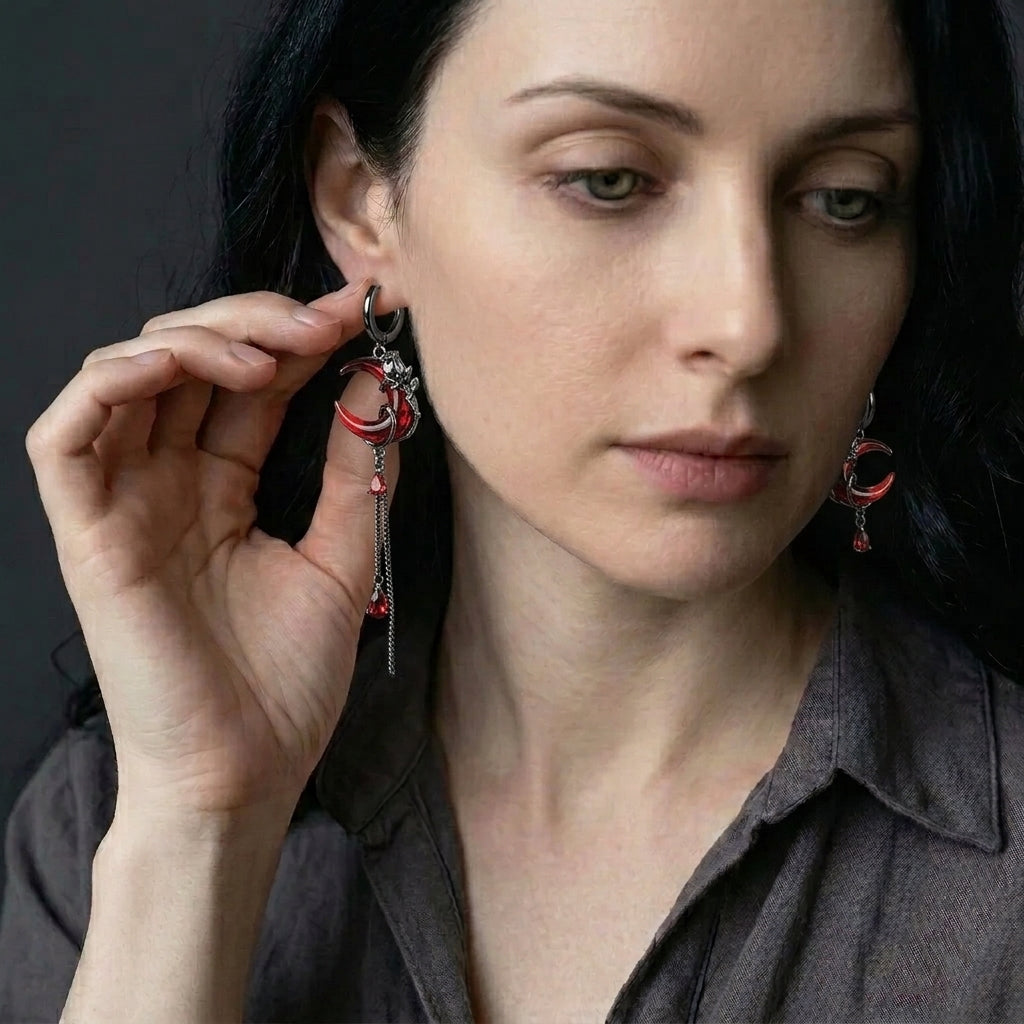 Gothic Style Asymmetry Red Moon Rose Earrings
