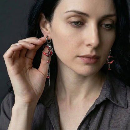 Gothic Style Asymmetry Red Moon Rose Earrings