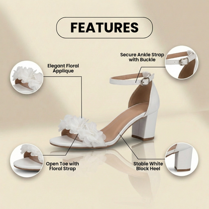 Orthopedic Block Heel Sandals - Floral Appliqué & Ankle Strap