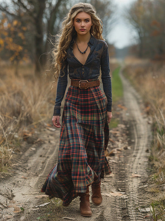 Women's Retro Pastoral Cotton And Linen Plaid Print Skirt artswardrobe