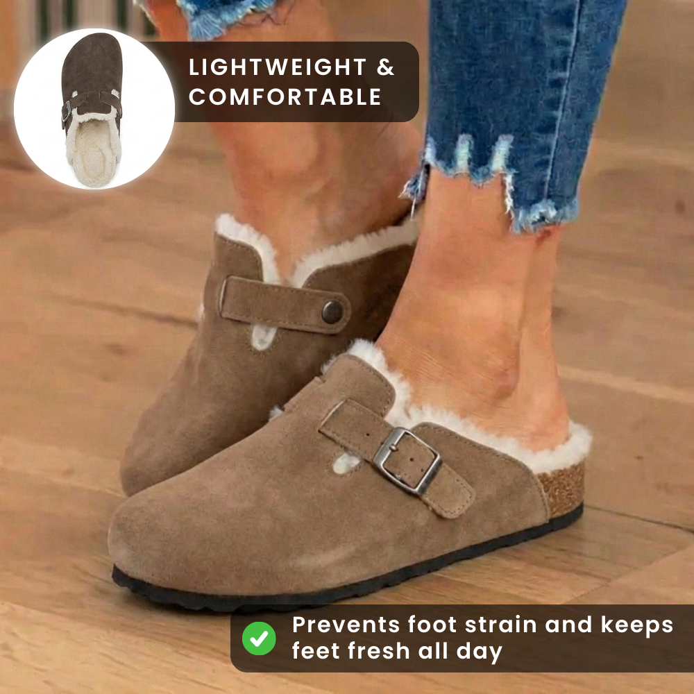 Orthopedic Suede Sherpa-Lined Clogs - Buckle Strap Closure
