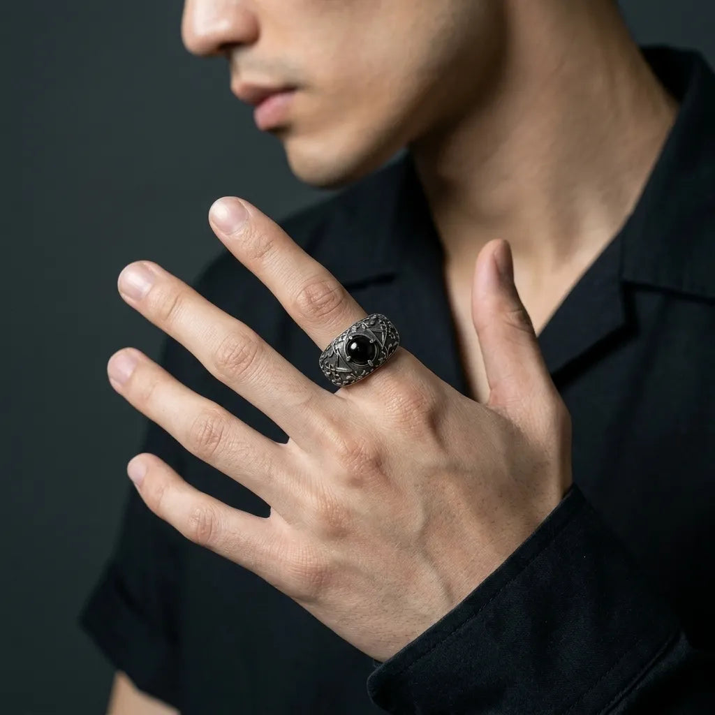 Black Onyx Sigil of Lucifer Baroque Ring