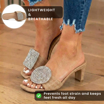 Orthopedic Raffia Block Heel Mules - Crystal Circle & Square Embellishment