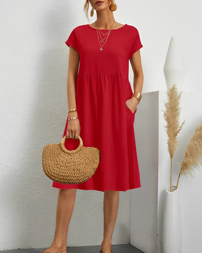 Cotton Gathered Waist Pocket Dress