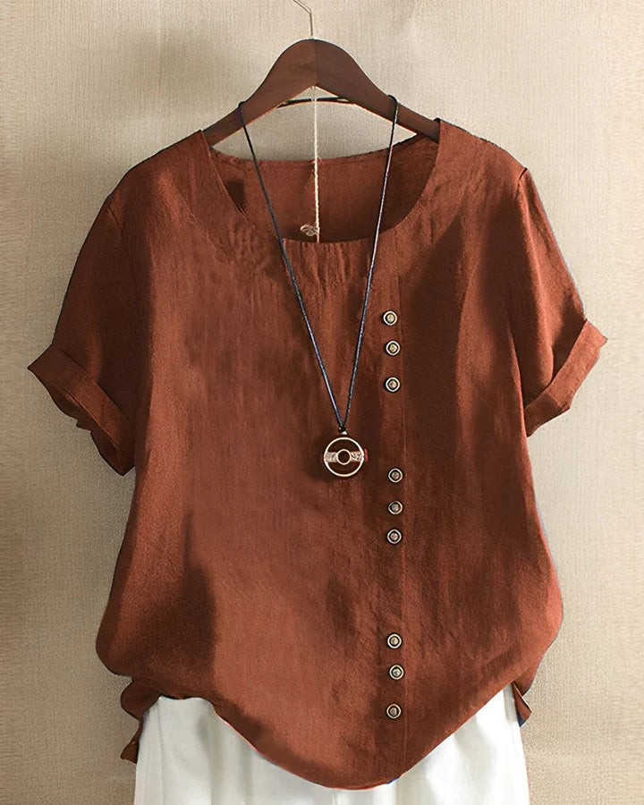 Linen Button Detail Short Sleeve Top
