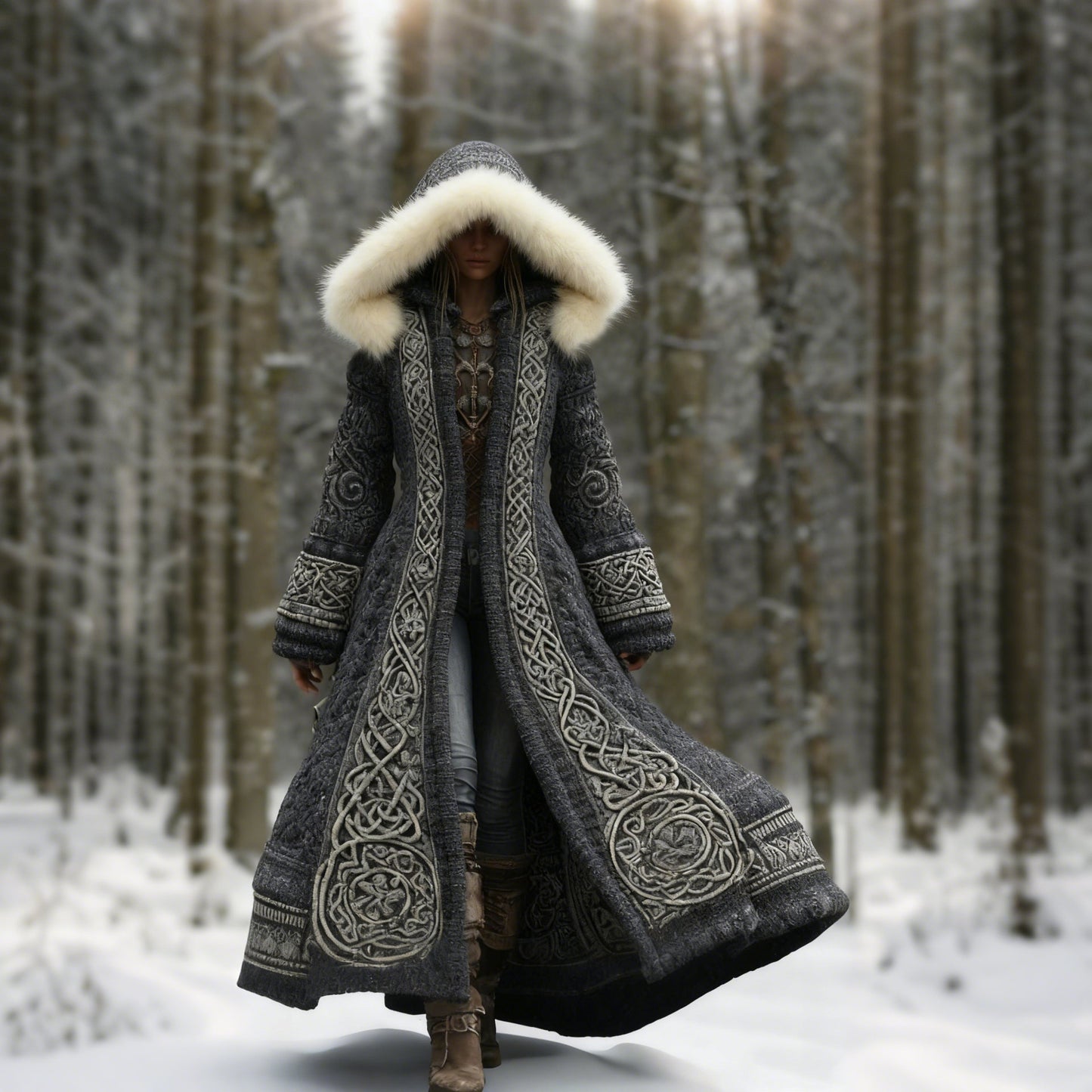 Comstylish Women's Viking Celtic Knot Knitted Jacquard Cozy Fur Trim Hooded Cardigan