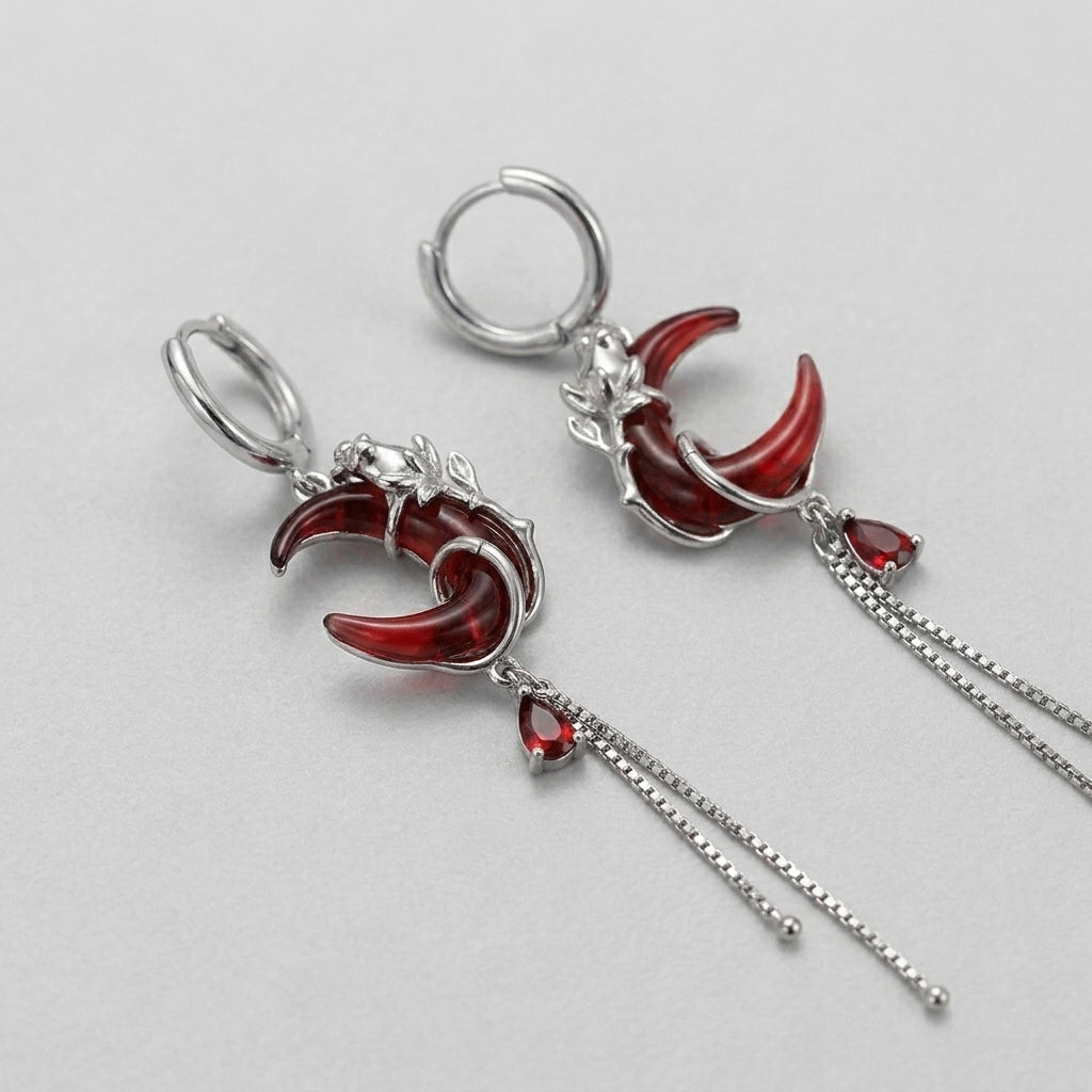 Gothic Style Asymmetry Red Moon Rose Earrings