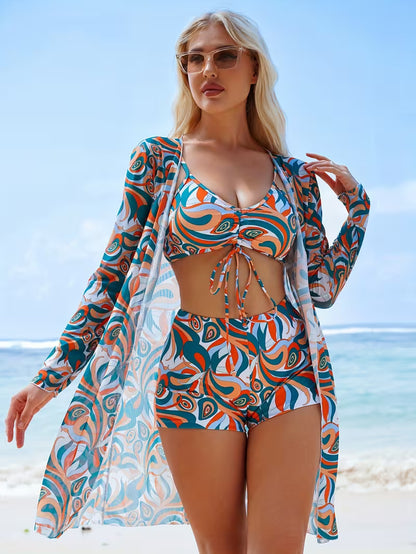 Floral Tie-Front Set with Kimono