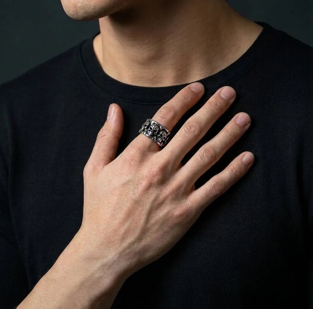 Spiked Skull Panel Statement Band Ring