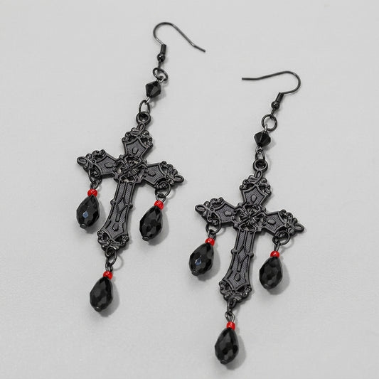 Black Cross Crystal Dangle Earrings