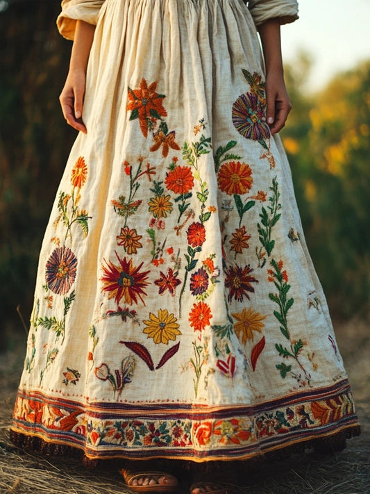 Vintage Floral Embroidered Linen Blend Skirt artswardrobe