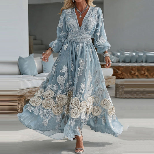 Comstylish Women's Vintage Blue Rose Embroidery Long Sleeve Casual Maxi Dress