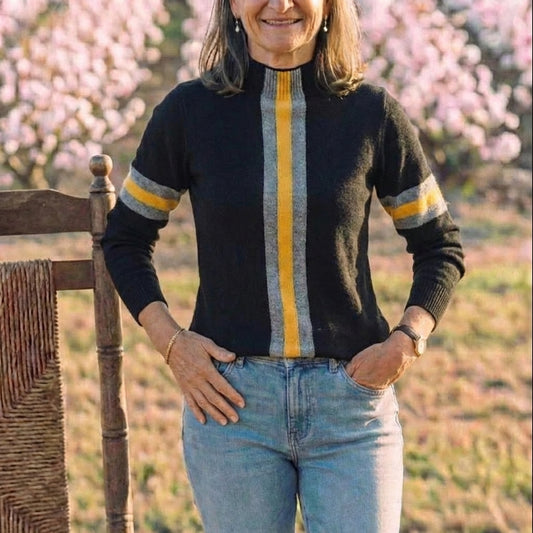 Cotton Sweater Black with Yellow Stripe Accents