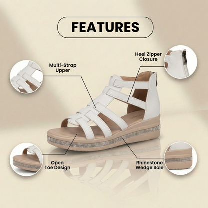 Orthopedic Leather Gladiator Platform Sandals - Crystal Rhinestone Trim