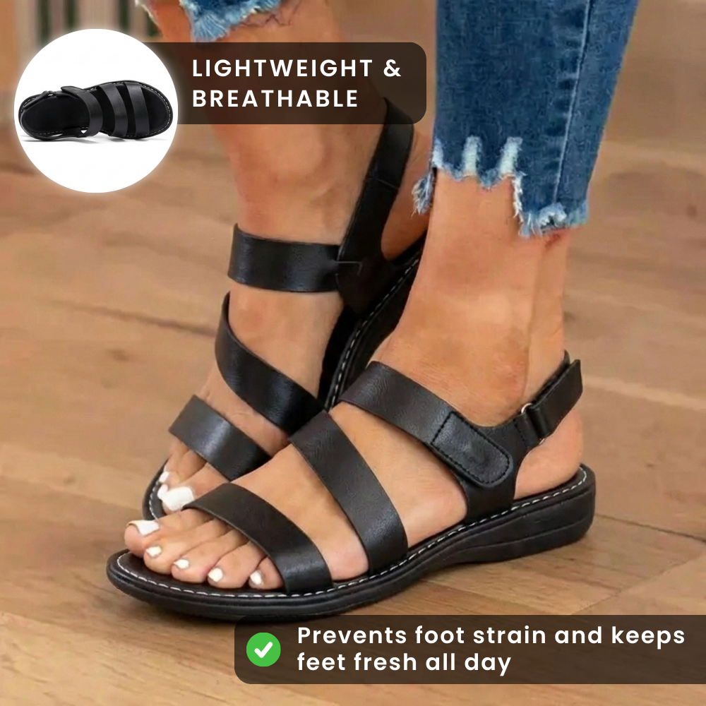 Orthopedic Leather Multi-Strap Sandals - Triple Buckle Closure