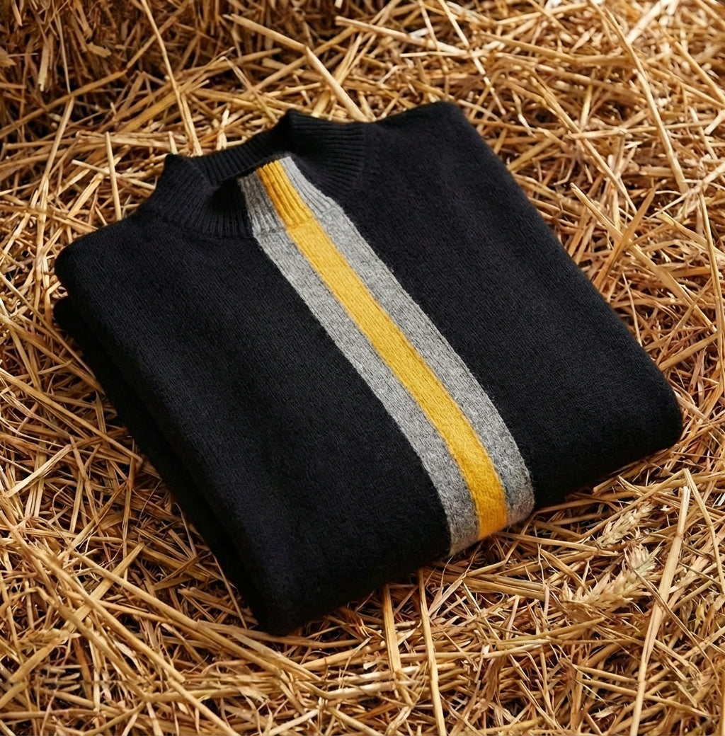 Cotton Sweater Black with Yellow Stripe Accents